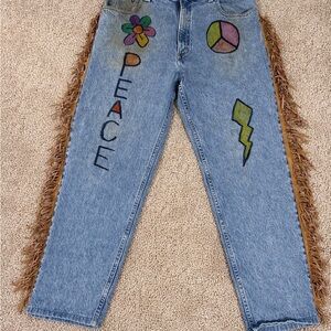 Timberland Blue Denim Jeans with Colorful Peace & Flower Artwork